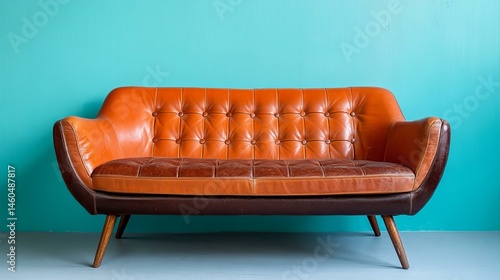Vintage Orange Leather Sofa Turquoise Wall Mid-Century Style