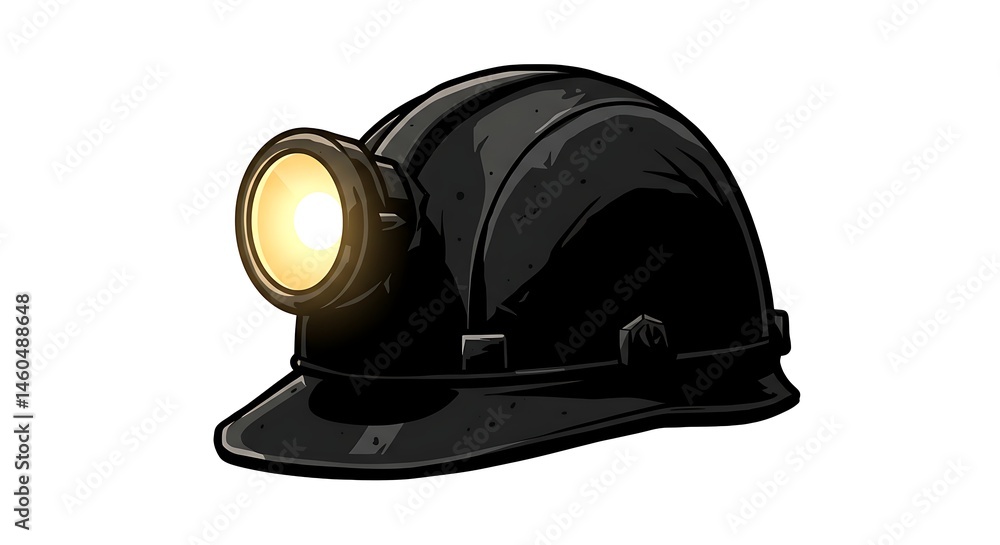 Obraz premium Hard Hat with Lamp Lit for Mining Safety and Construction