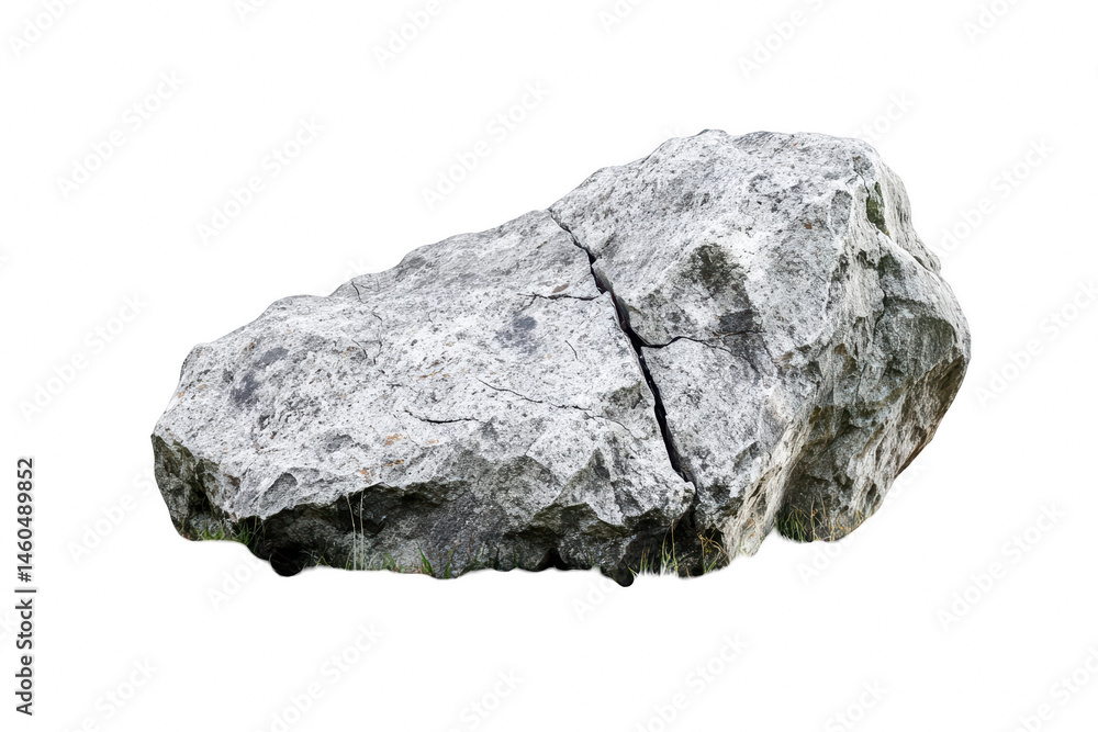 Fototapeta premium Natural grey stone boulder with a visible crack isolated on plain background