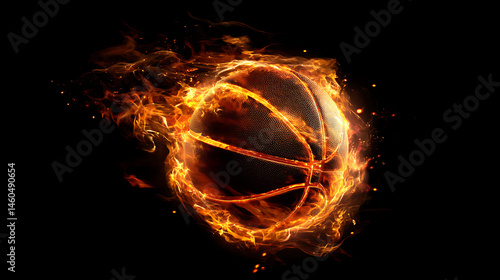 A flaming basketball in motion, creating a dynamic visual effect against a dark backdrop