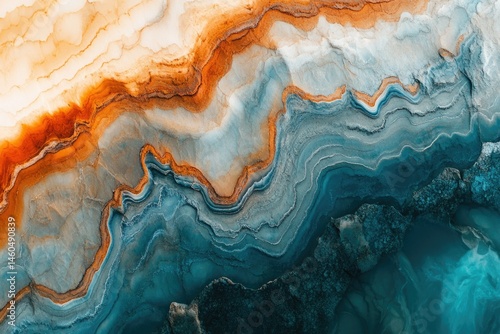 Abstract art depicting swirling layers of teal, blue, and orange, resembling a geological formation or ocean depths.