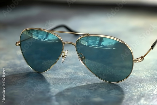 Wallpaper Mural Stylish gold aviator sunglasses with teal lenses reflecting a blurry cityscape. Perfect for summer fashion, travel, or lifestyle imagery. Torontodigital.ca