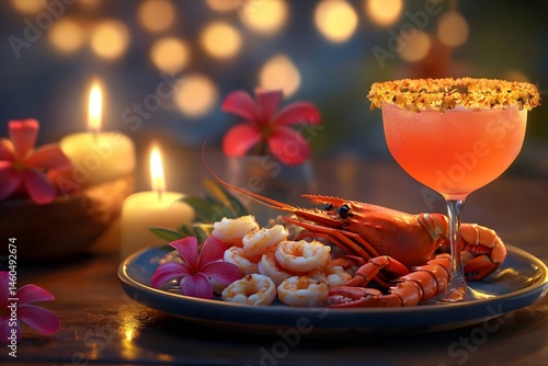Iced seafood platter and cocktail under candlelight