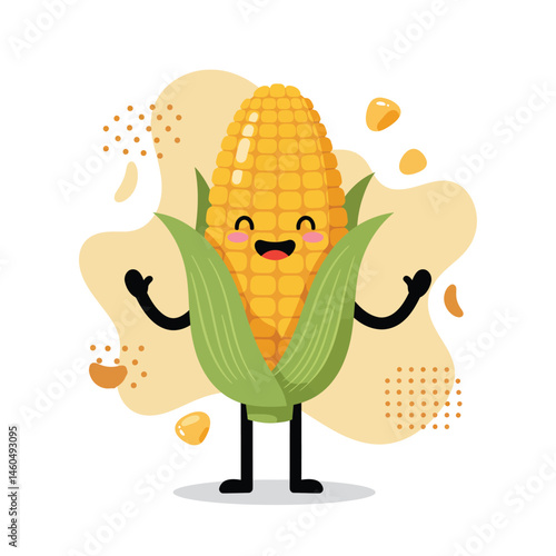 Happy corn cob character with green husk leaves and smiling face vector illustration in yellow and green colors 