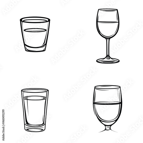 Glassware Set Line Art Wine Glass, Shot Glass with Transparent Background