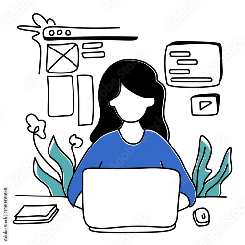 Flat Illustration of a web developer working with code, devices, and online tools, ideal for tech and software content.