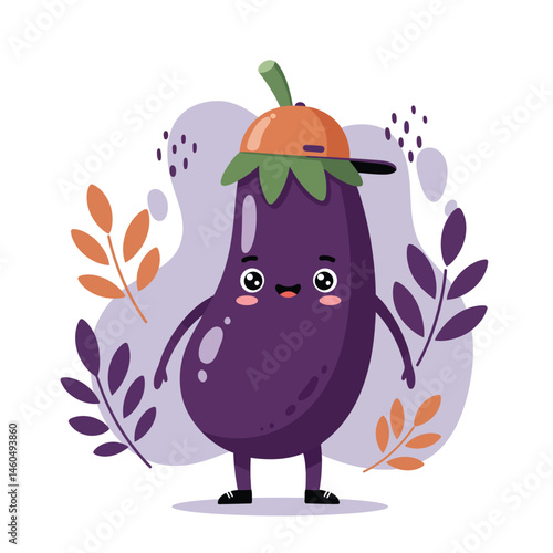 Cute smiling eggplant character with orange cap and autumn leaves vector illustration for children and seasonal designs 