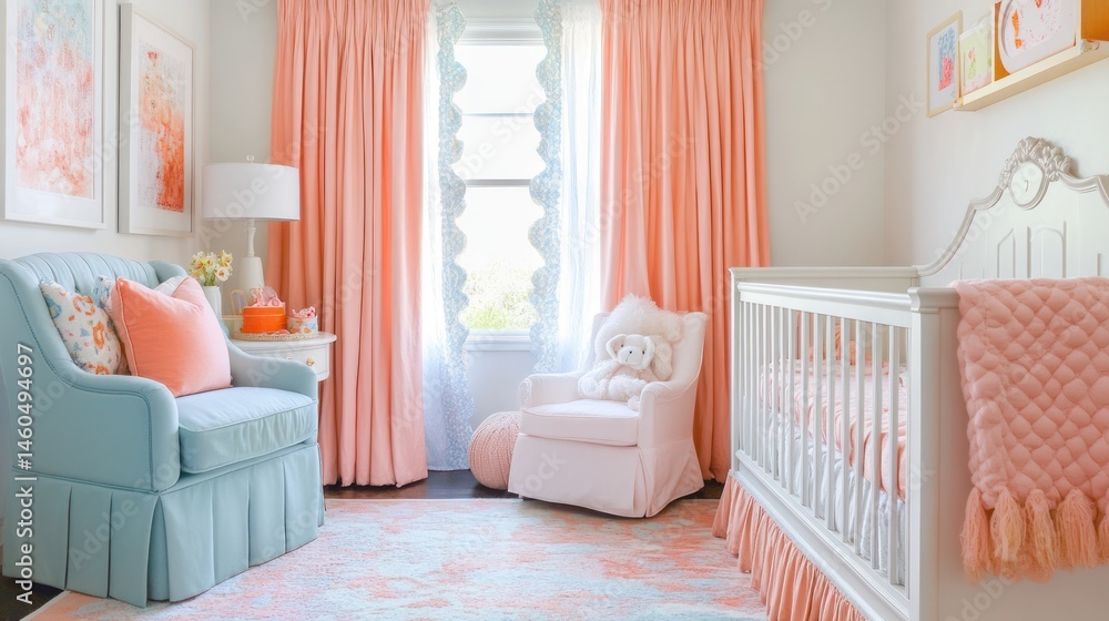 Charming nursery interior featuring pastel hues and cozy furniture evoking comfort Charming nursery interior featuring pastel hues and cozy furniture evoking comfort