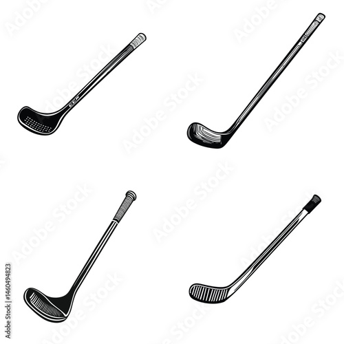 Golf Club Heads Set, Black and White Hand Drawn Style, Sport Equipment, Isolated