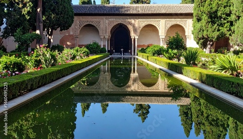Tranquil Reflection in Historic Garden with Lush Greenery and Water