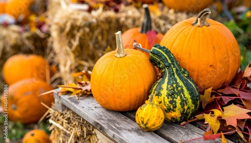 Vibrant Pumpkins and Decorative Gourds with Autumn Leaves on Display