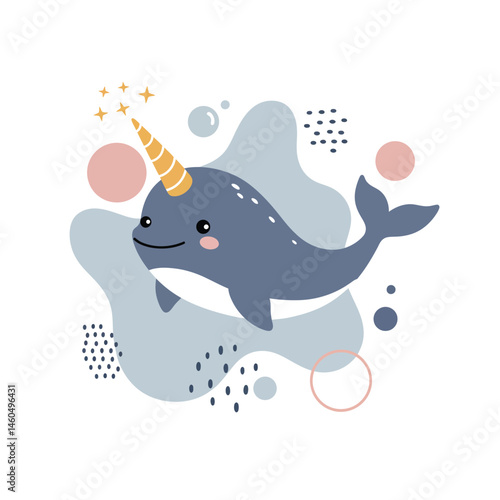 Cute narwhal whale with golden horn and abstract background vector illustration for children design and decor 