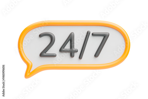 24 7 3d service icon. Realistic speech bubble with yellow border and black 24 7 service text. Hotline customer support concept. Trendy cute vector symbol of service, help, working hour isolated.