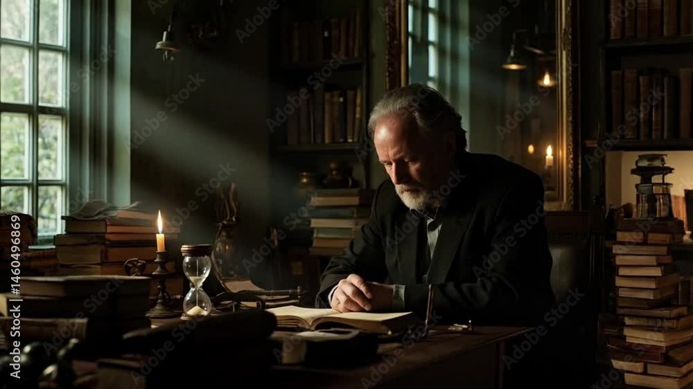 The old man sat quietly in the library, reading a thick book with deep focus.
The old man sat quietly in the library, reading a thick book with deep focus.