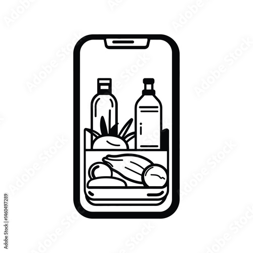 Groceries in App Icon. Black and White Line Art. Fresh Food. Digital Order