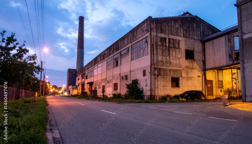 Abandoned Industrial Building at Dusk with Cloudy Sky and Streetlight Abandoned Industrial Building at Dusk with Cloudy Sky and Streetlight
