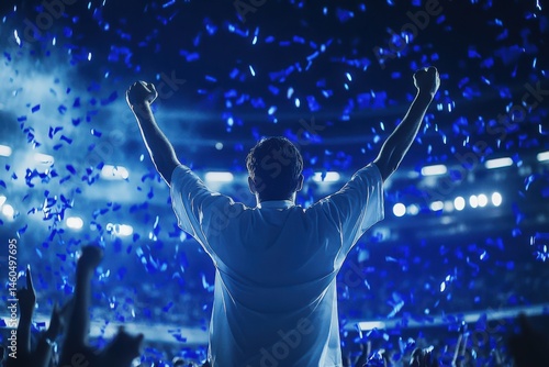 Wallpaper Mural A soccer fan celebrating with raised arms in a stadium. Wearing team scarf and surrounded by cheering crowd. Torontodigital.ca