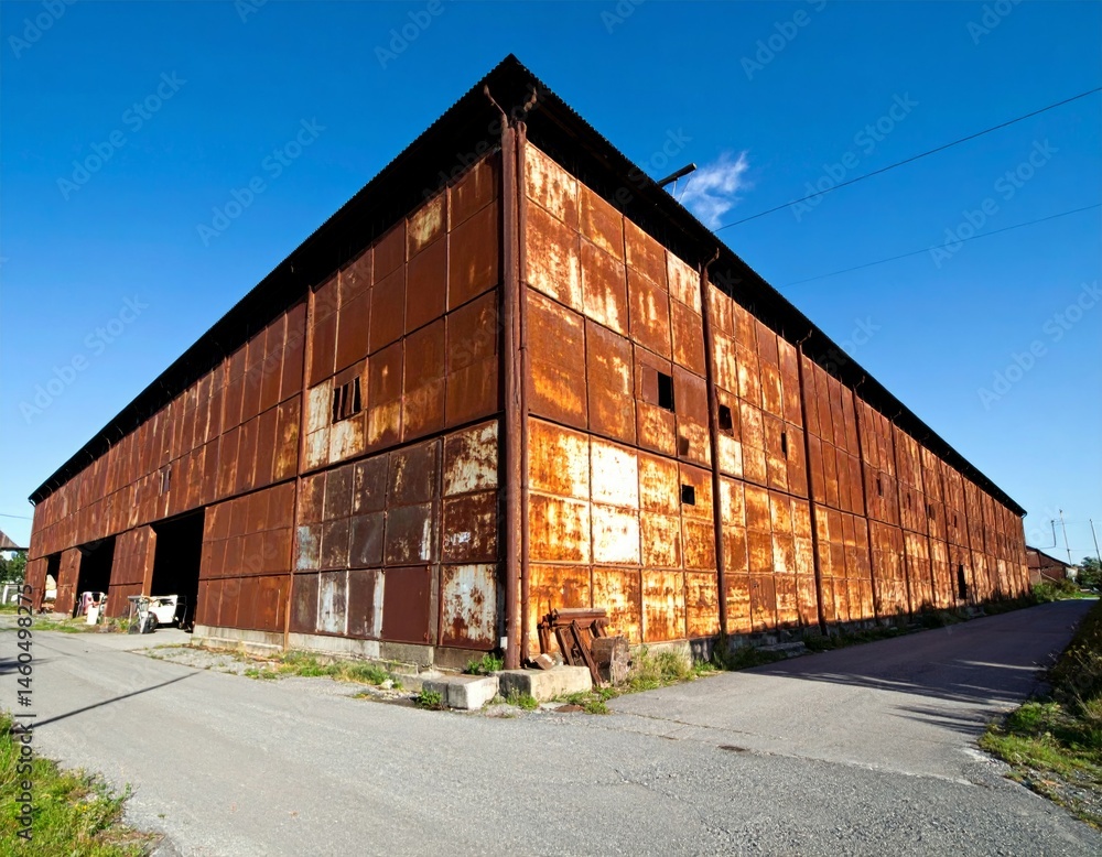 Fototapeta premium Weathered Industrial Warehouse with Rusted Corrugated Metal Exterior