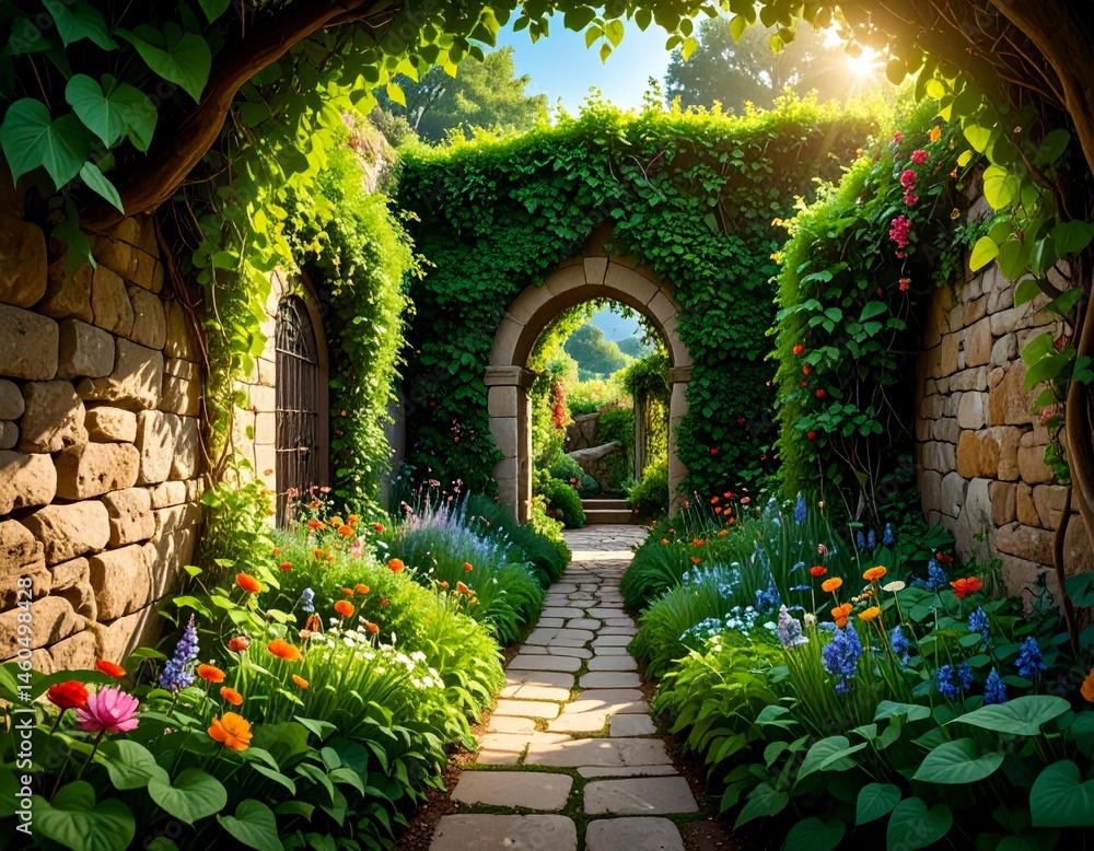 Fototapeta premium Lush Garden Pathway with Colorful Flowers and Sunlit Archway