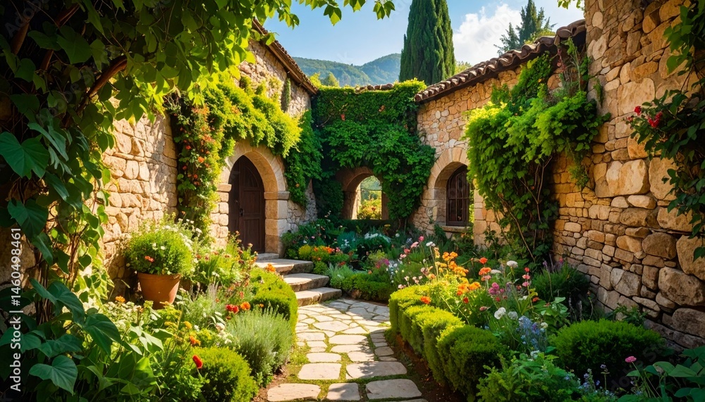 Fototapeta premium Serene Stone Pathway Surrounded by Lush Greenery and Flowers