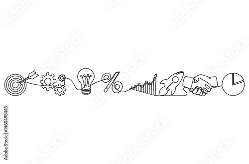 Continuous one line drawing of Set of business icon. Single line drawing illustration of Business strategy. Business growth up concept vector art. Doodle line illustration.
