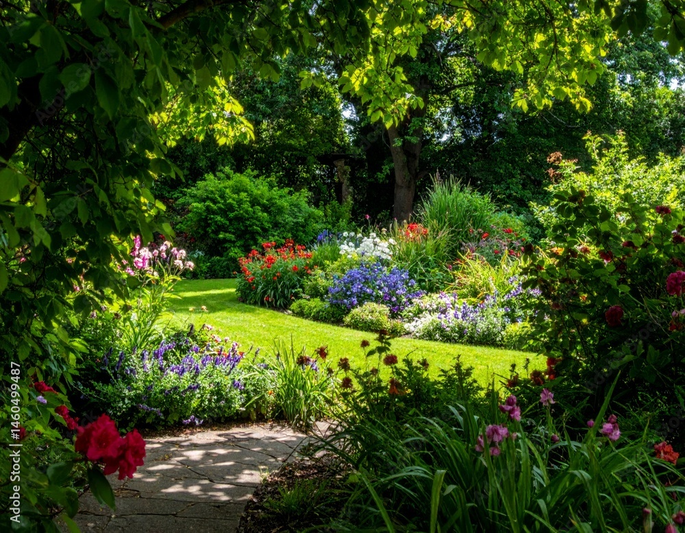 Obraz premium Vibrant Flower Garden Surrounded by Lush Green Plants in Springtime