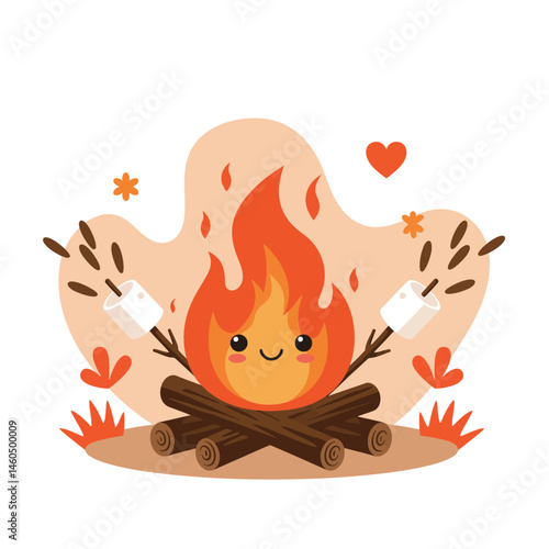 Cute smiling campfire with marshmallows on sticks and heart illustration in warm orange and brown tones vector 