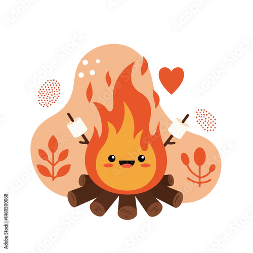 Cute campfire with marshmallows roasting and happy face in warm orange tones vector illustration 