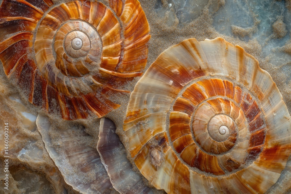 Two spiral seashells nestled in sand, showcasing intricate patterns and warm, earthy tones. Two spiral seashells nestled in sand, showcasing intricate patterns and warm, earthy tones.