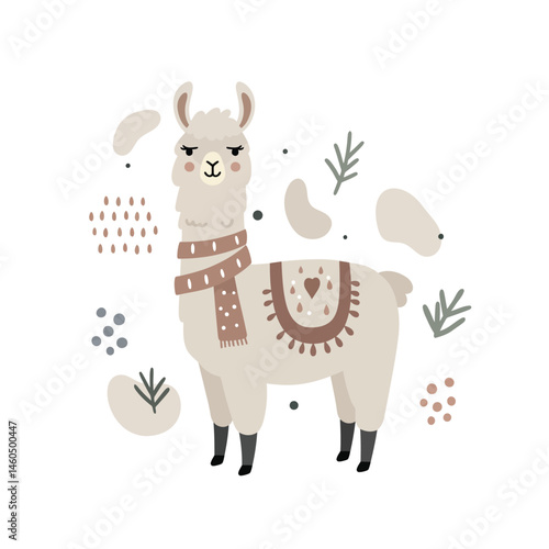 Cute llama with scarf and decorative saddle surrounded by abstract shapes vector illustration 