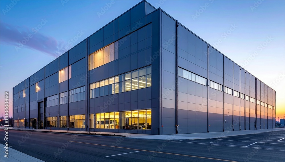 Obraz premium Modern Industrial Building with Glass Facade at Sunset Lighting