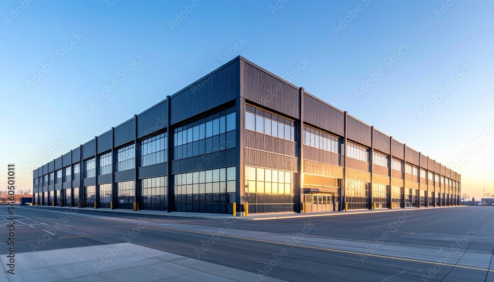 Obraz premium Modern Industrial Warehouse Exterior with Clear Sky at Sunset