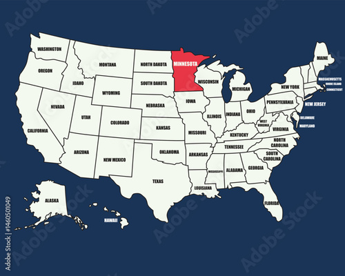 USA map education illustration with highlighted Minnesota state and labeled states for learning geography