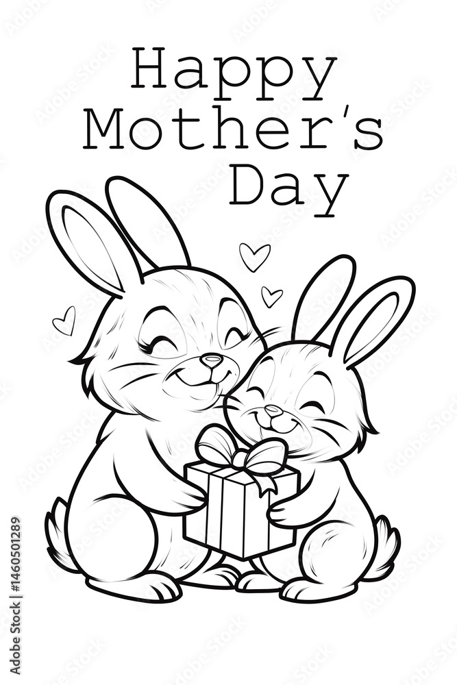 Obraz premium Coloring book happy Mother's Day greeting card, coloring, art, design, drawing, illustration drawn with black lines on a white background. A family of rabbits with a gift.