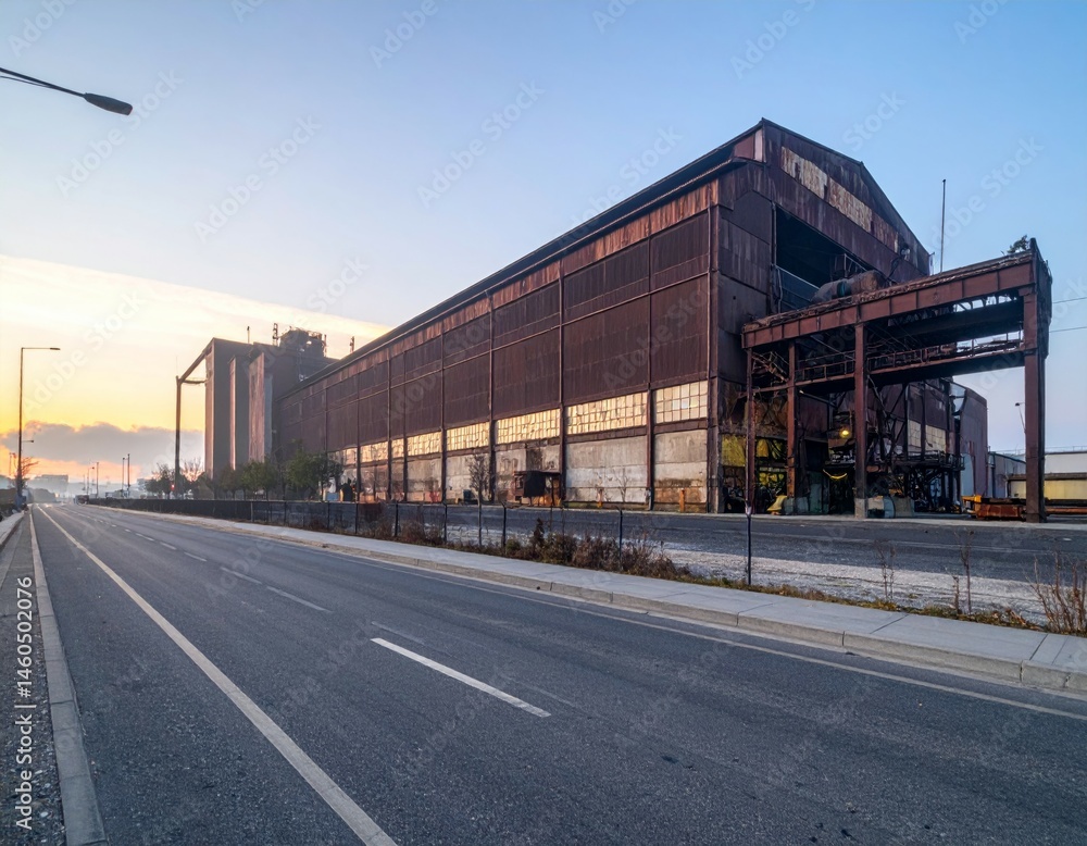 Obraz premium Abandoned Industrial Warehouse at Dusk with Vibrant Sky Colors