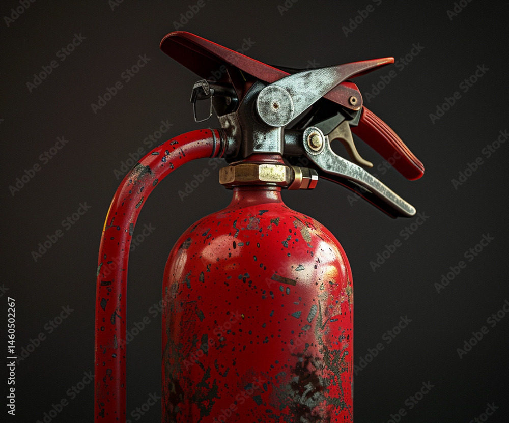 Obraz premium Detailed macro shot of a red fire extinguisher showing wear and rust, representing industrial safety and the passage of time. Ideal for concepts involving aging infrastructure, safety awareness, or me
