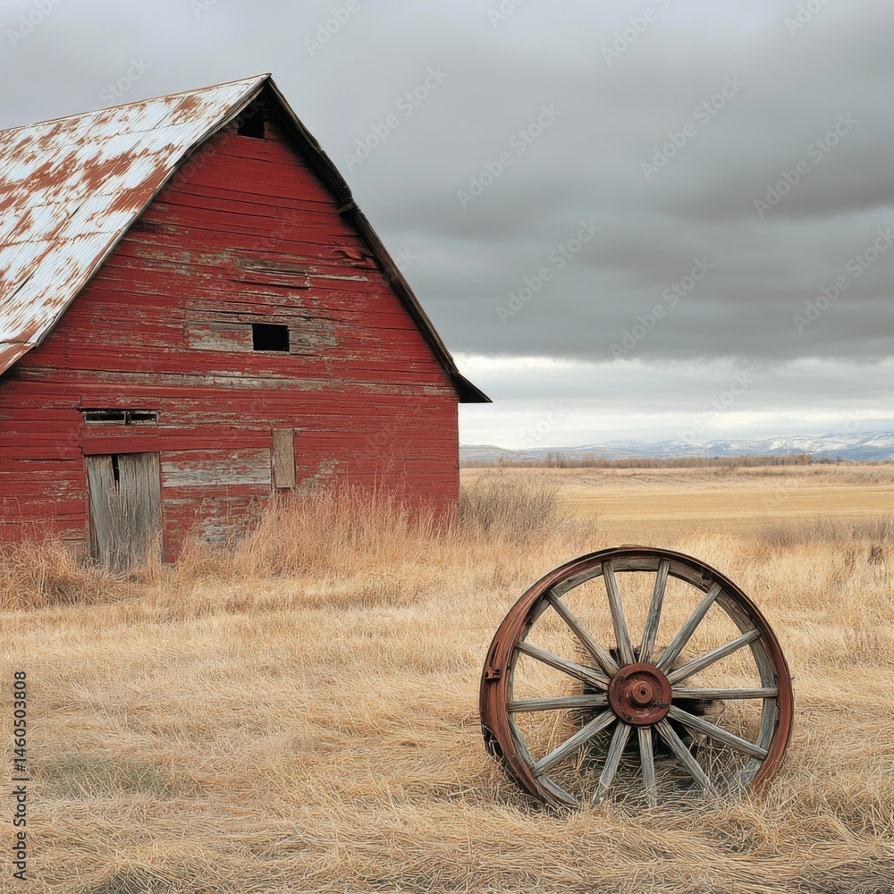 Fototapeta premium Abandoned Barn with Rustic Wheel on Dry Field Under Cloudy Sky