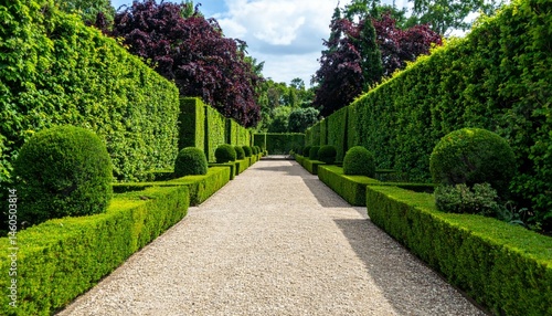Lush Green Garden Pathway Surrounded by Neatly Trimmed Hedges