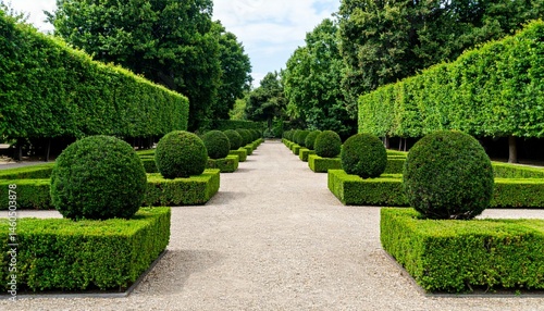 Lush Green Garden Pathway with Symmetrical Topiary and Trimmed Hedges