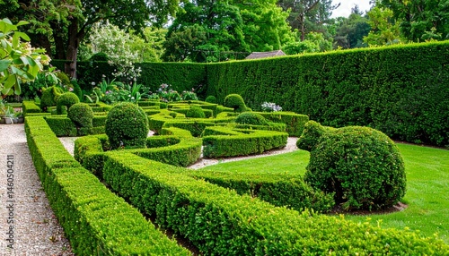Elegant Topiary Garden with Sculpted Hedge Designs and Greenery