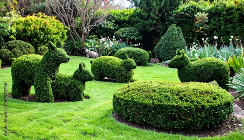 Artistic Topiary Animals in Lush Garden Landscape Setting