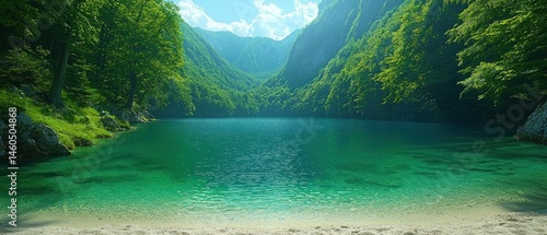 Serene mountain lake, vibrant green water, sandy shore, lush forest backdrop