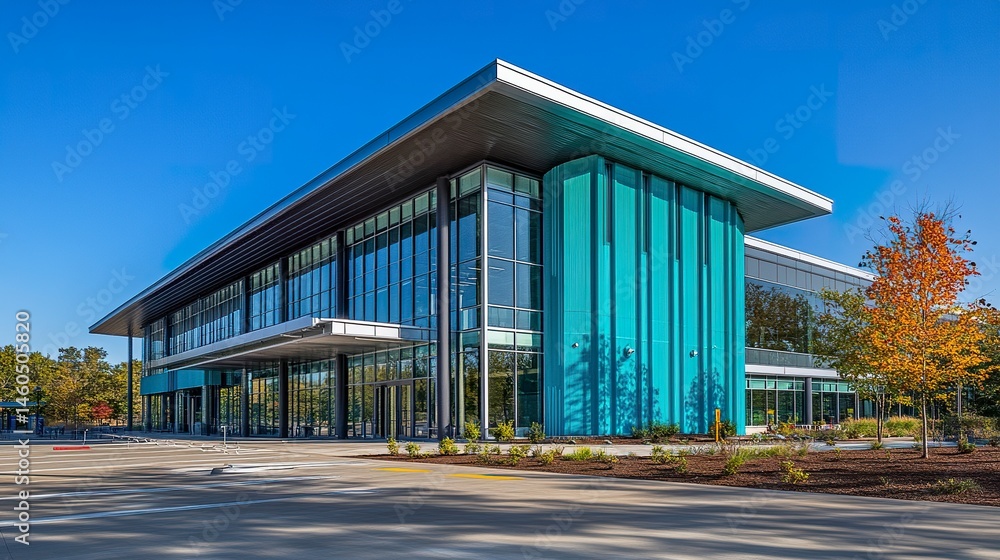 Obraz premium Contemporary building with a vibrant blue wall and geometric windows, centered view, clear sky offering a spacious backdrop for text. 