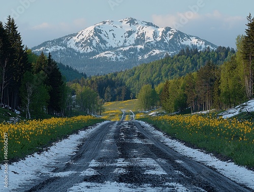 Serene mountain view along a dirt road flanked by blooming yellow wildflowers, patches of snow linger