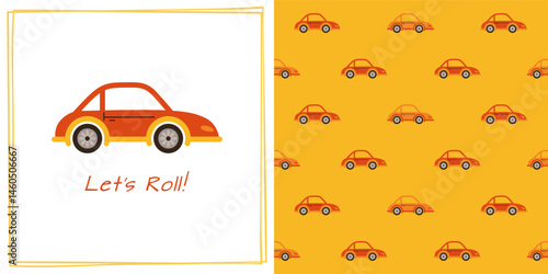 Retro Car cartoon seamless pattern. Hand drawn beetle automobile car endless boundless background kid design. Simple children funny auto transport comic repeat print wallpaper vector illustration