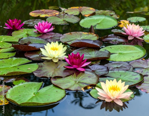 Colorful Water Lilies on Calm Water Surface in Tranquil Garden Setting