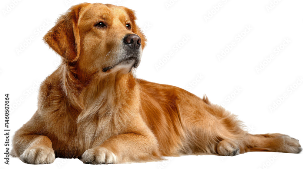 Golden Retriever's Calm Gaze: A portrait of a majestic golden retriever lies contentedly, its eyes fixed in a moment of serene contemplation. Golden Retriever's Calm Gaze: A portrait of a majestic golden retriever lies contentedly, its eyes fixed in a moment of serene contemplation.