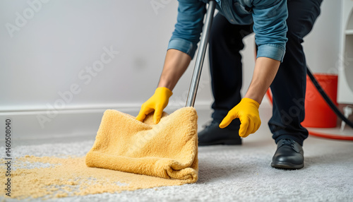 Dry cleaner's employee removing dirt from carpet in flat, vibrant. with white shades