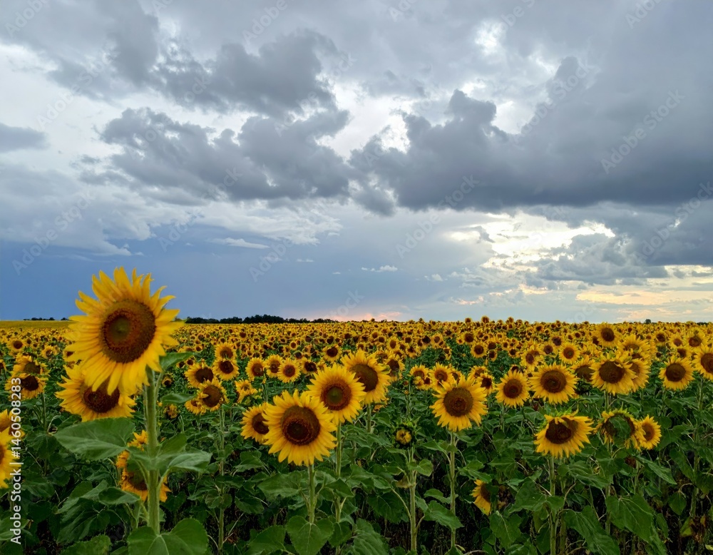 Fototapeta premium Vibrant Sunflower Field Under Dramatic Clouds at Dusk