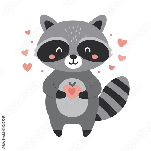 Cute raccoon holding heart with surrounding small hearts cartoon love illustration vector design 